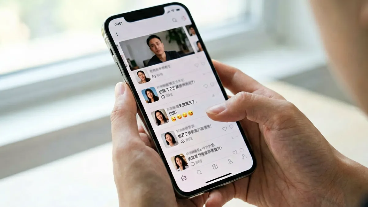 网友在手机屏幕上翻阅饼干姐姐视频评论区留言并点赞互动的画面