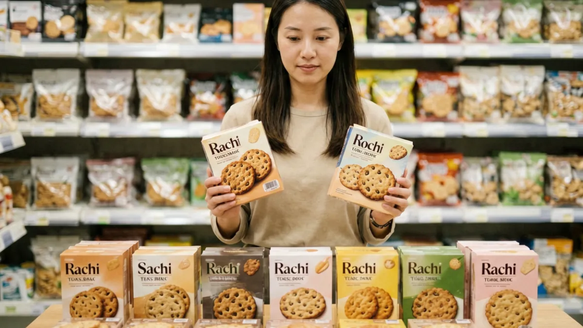 饼干姐姐在超市货架前拿着多款进口饼干进行盲测对比的画面